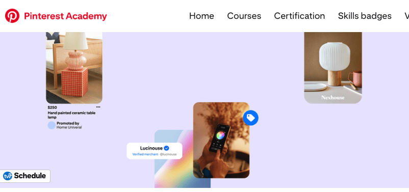 Pinterest Academy webpage featuring shopping ads. Images of a ceramic table lamp, a glowing orb lamp, and a midcentury chair with price tags. Tone is modern and inviting.
